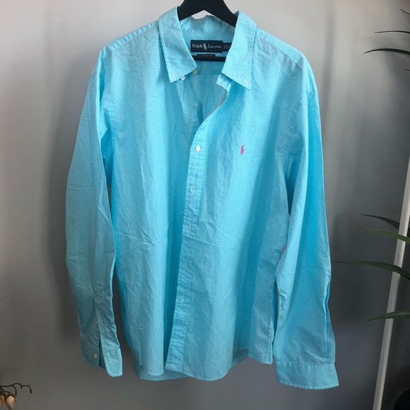 Ralph Lauren Other - Ralph Lauren Men’s Aqua Blue Button-Down Shirt with Pink Pony
